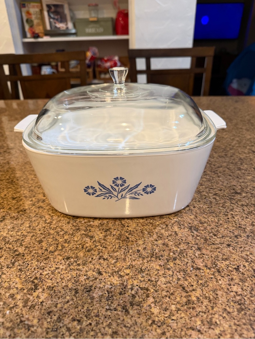 Corningware White Casserole with Blue Floral Motif and Glass Lid